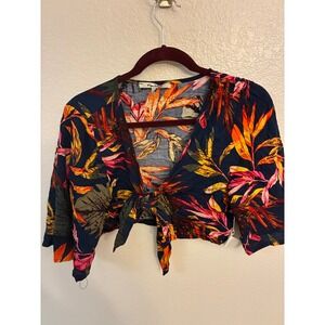 Miss Selfie Tropical Floral Tie Front Crop Top Navy Blue Orange Pink Large